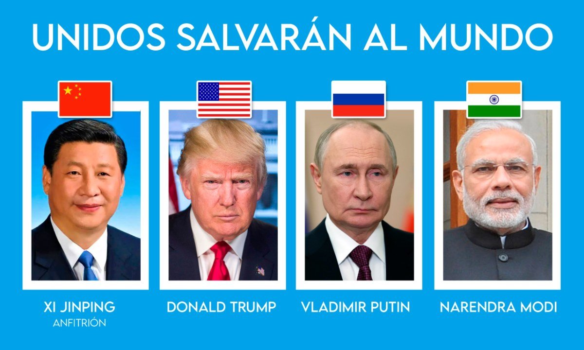 Gráfica «Unidos salvarán al mundo» con los retratos de Xi Jinping, Donald Trump, Vladimir Putin y Narendra Modi